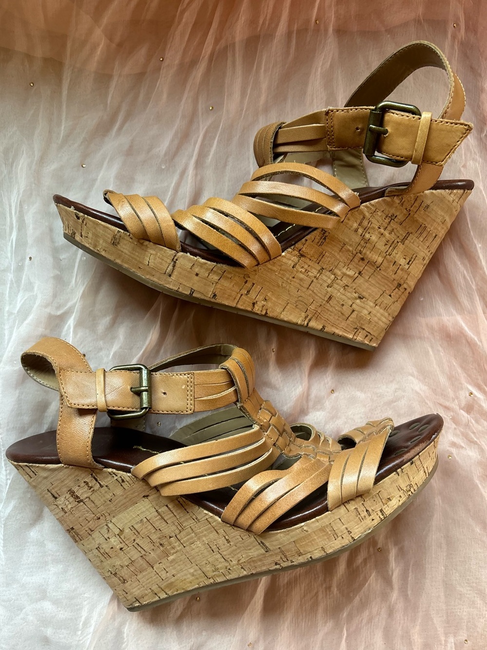 Dolce Vita Y2K Boho Light Tan Leather Strappy Indie Going Out Cork Wedge Sandals